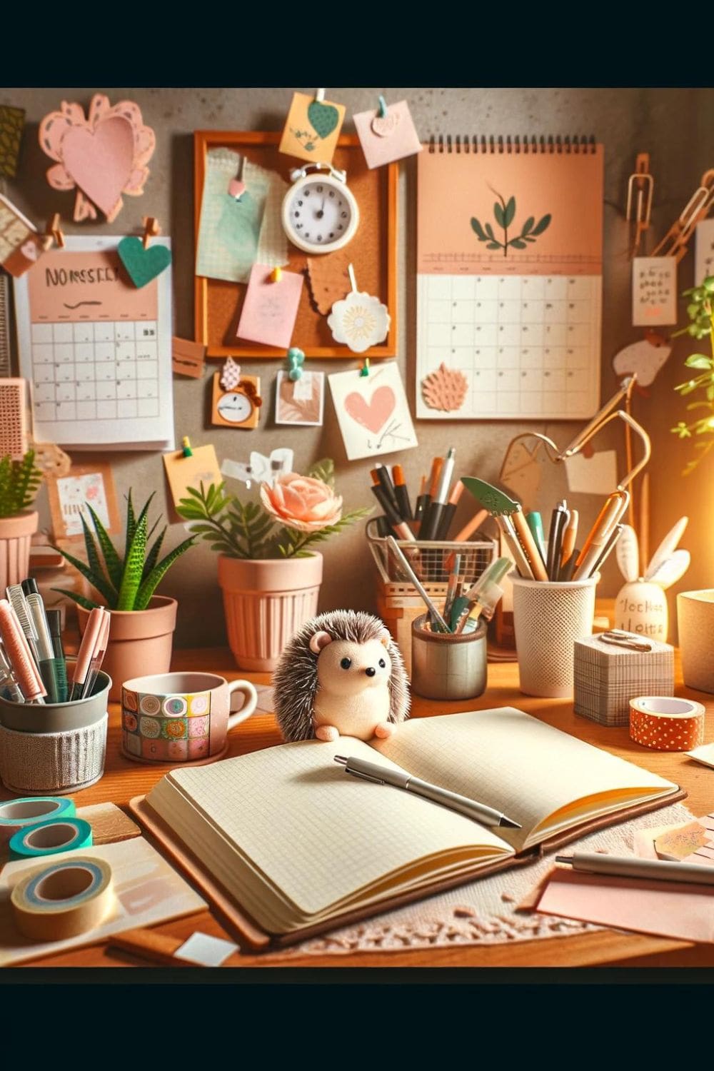 A photo of a stuffed hedgehog sitting on top of a notebook on a desk.