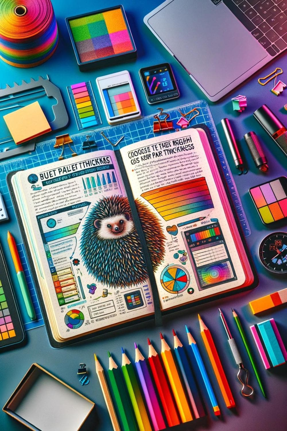 A digital artwork depicting a hedgehog perched atop a book titled "Bullet Journaling" and "The Passionate Palette," surrounded by colorful art supplies.