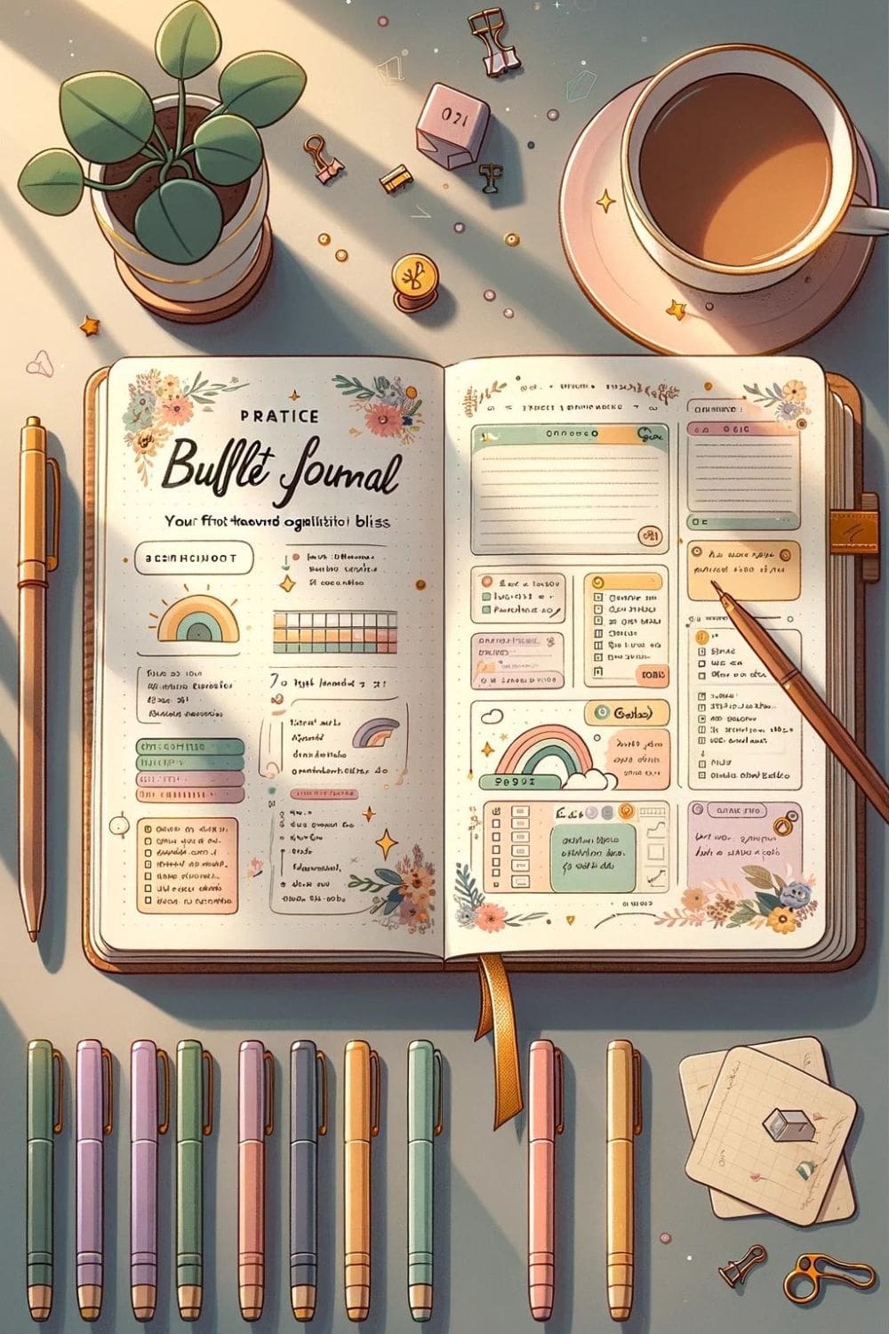A photo of a bullet journal open on a wooden desk.
